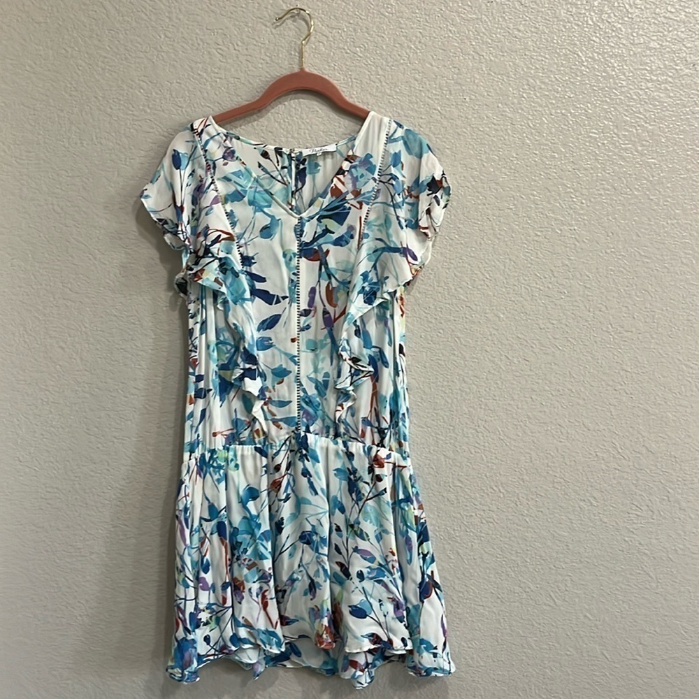 Parker Dress XS Silk Blue White Lana Drap Waist Ruffle Flutter Sleeve Women